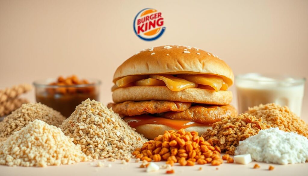 A crisp, well-lit close-up of an assortment of Burger King chicken allergens, including breading, seasonings, and sauces. The foreground features neatly arranged piles of common chicken allergy triggers like wheat, soy, and milk-based ingredients. The middle ground showcases a Burger King chicken sandwich, showcasing the complex layering of potentially allergenic components. The background is a clean, neutral backdrop, allowing the allergens to be the focal point. The lighting is soft and even, creating a professional, informative visual aesthetic suitable for an educational article. A crisp, well-lit close-up of an assortment of Burger King chicken allergens, including breading, seasonings, and sauces. The foreground features neatly arranged piles of common chicken allergy triggers like wheat, soy, and milk-based ingredients. The middle ground showcases a Burger King chicken sandwich, showcasing the complex layering of potentially allergenic components. The background is a clean, neutral backdrop, allowing the allergens to be the focal point. The lighting is soft and even, creating a professional, informative visual aesthetic suitable for an educational article.