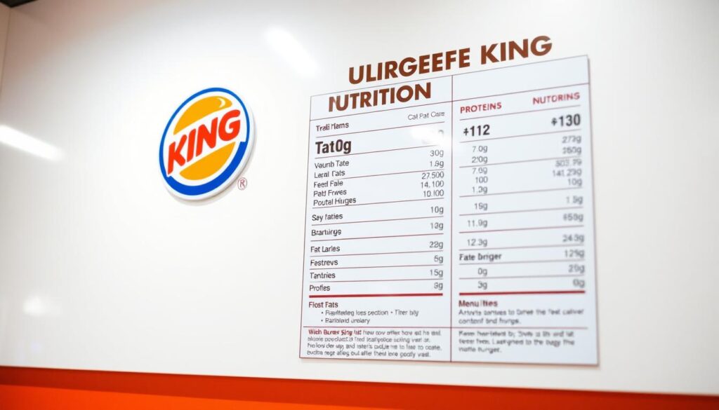 A glossy, high-resolution image of a Burger King nutritional information display, presented in a clean, organized manner. The display showcases the calorie, fat, and protein content of various Burger King menu items, with clear typography and elegant infographic design. The lighting is soft and even, highlighting the details of the display against a plain, white background. The angle is slightly angled, providing a dynamic perspective that draws the viewer's attention to the key information. The overall mood is informative and visually appealing, reflecting the importance of nutritional transparency in the fast-food industry.