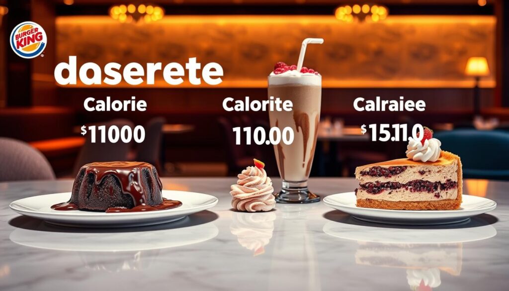 A visually appealing, high-resolution image of Burger King's dessert offerings, showcasing their calorie content. The foreground features a beautifully plated assortment of desserts, including a chocolate lava cake, a milkshake, and a piece of cheesecake, all presented on a sleek, modern tabletop. The middle ground highlights the calorie information for each dessert, displayed in a clean, legible manner. The background depicts a softly lit, elegant dining environment, with warm lighting and subtle textures, creating an inviting and appetizing atmosphere. The overall composition should convey the decadence and indulgence of Burger King's dessert menu, while also informing the viewer of the calorie content of these items.