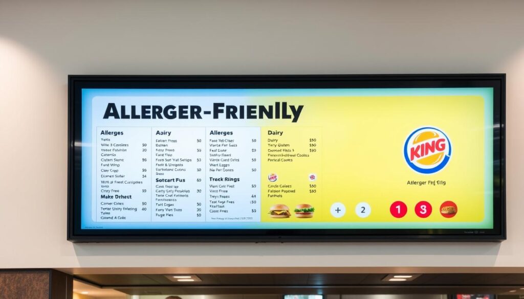 A well-lit, high-resolution image of a Burger King menu board featuring a prominent "Allergen-Friendly" section. The menu is displayed on a sleek, modern digital screen with a clean, minimalist design. The section is highlighted with a soft yellow background and clear icons denoting common allergens like dairy, gluten, and nuts. The menu items are presented in a clear, easy-to-read layout, emphasizing the variety of allergen-free options available. The overall atmosphere is professional, informative, and inviting, conveying Burger King's commitment to accommodating customers with dietary restrictions. A well-lit, high-resolution image of a Burger King menu board featuring a prominent "Allergen-Friendly" section. The menu is displayed on a sleek, modern digital screen with a clean, minimalist design. The section is highlighted with a soft yellow background and clear icons denoting common allergens like dairy, gluten, and nuts. The menu items are presented in a clear, easy-to-read layout, emphasizing the variety of allergen-free options available. The overall atmosphere is professional, informative, and inviting, conveying Burger King's commitment to accommodating customers with dietary restrictions.