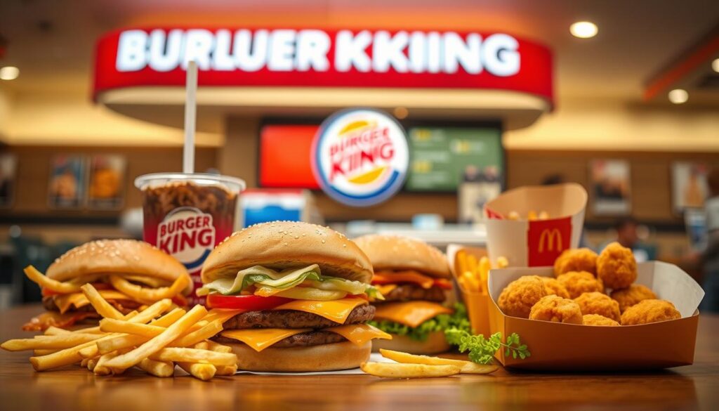 Vibrant, mouthwatering display of Burger King's value meal options. Foreground features an array of classic menu items - a Whopper Jr., french fries, and a small soda. Middle ground showcases additional budget-friendly combos like the Chicken Sandwich, Bacon Cheeseburger, and 4-piece Chicken Nuggets. Background sets the scene with the iconic Burger King restaurant interior, complete with brightly lit signage and a warm, inviting atmosphere. Soft, natural lighting casts a golden glow over the scene, highlighting the appetizing details of the food. Lens is set to a slightly wide angle, capturing the full spread of the value meal selection in an enticing, documentary-style composition.